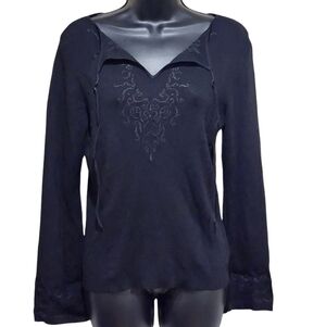 Worthington Womens Black Knit Keyhole Tie Front Embroidered Bell Sleeve Size Med